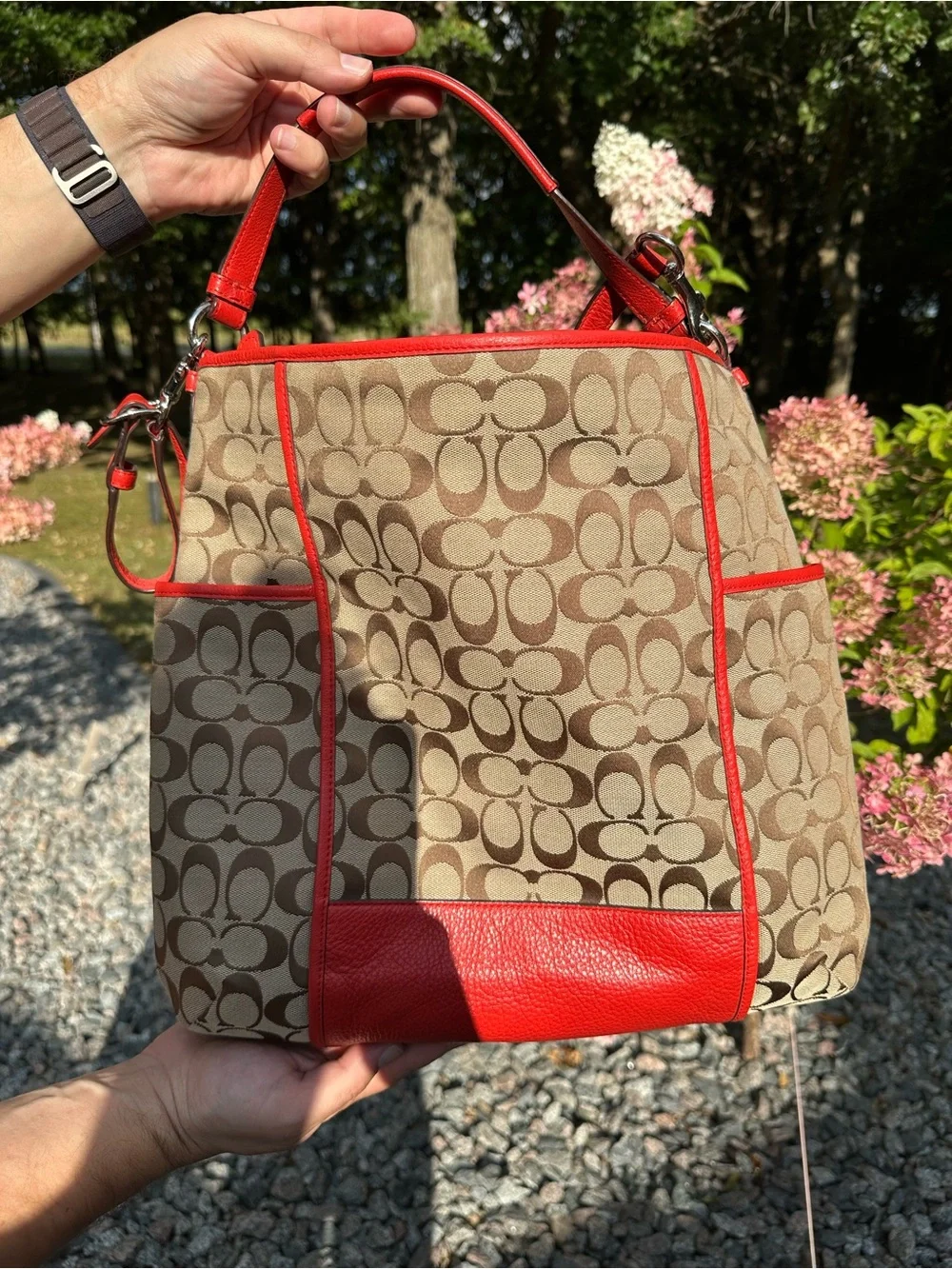 Coach Beige Signature Canvas Tote with Red Trim